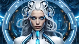 stands An android-mutant woman with long white-blue swirlings hair, a biomechanical mutant with sky-blue eyes, white shiny robot body with some blue led, she name the AI-Medusa. The woman with like snakes of hair, the wirling with blue-white hair, she stands in the futuristic office, stunning, mystic and sci-fi mix creature, high detalied, sharp focus, perfect beauty, professional photo