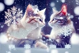 Double exposure, merged layers, Christmas fantasy, cat Christmas ornaments, gifts, double exposure, snowfall, heart, snowflakes, icy snowflakes, burlap, gems and sparkling glitter, sunshine