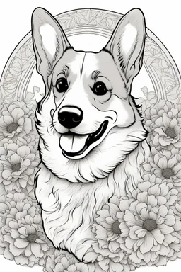 Portrait of a Corgi in a lively field of marigolds, mature coloring artwork, contour, vector, clean line art, white background, detailed, black and white, in the style of Mandala design
