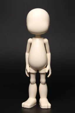 a simple standing animated figure (head molded into shoulders, no neck, legs molded from bottom of body, a completely flat face area, stubby legs, bulky arms, no painted details, white in color) vinyl art toy
