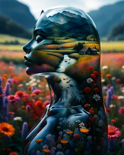 The picture shows a black-and-white space in which there is a (((glass figure of a girl))), shining through. ((Transparent glass body)). Behind her transparent glass figure, an amazingly beautiful colorful landscape opens with a field of summer flowers, a river and several rural houses on the shore. Rich colors, detailed work, long glass hair,, closed eyes. Surrealism. The inside is bigger than the outside. Modifiers: digital painting elegant fantasy very attractive beautiful poster award winnin