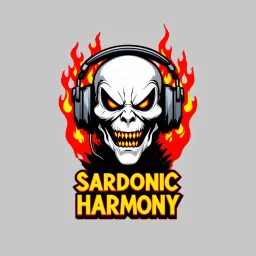 logo for rock band orange text "SARDONIC HARMONY" in a futuristic robotic font, sinister evil marshmallow head with headphones and red flames, horror, black negative space, by Petros Afshar and H.R. Giger