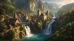 a small medieval town at the end of a steep, very tall valley. multiple waterfalls, a masterpiece, fantasy concept art, dynamic lighting, hyperdetailed, intricately detailed, deep color, Unreal Engine, volumetric lighting, Epic cinematic brilliant stunning intricate meticulously detailed dramatic atmospheric maximalist digital matte painting