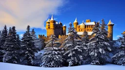 large castle in the snowy mountains