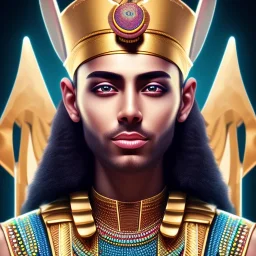 3D close-up of a beautiful Egyptian pharaonic king, sarcastic smile, high contrast, glowing backlighting, blue and red backlighting, vibrant hair, dark brown eyes, sharp focus, high makeup, face painting, background blur.