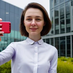 A short haired, female software engineer taking a selfie in front of Building 92 at Microsoft