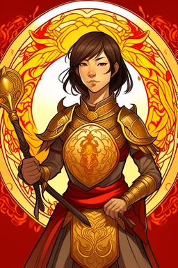 an anime drawing of a 40 year old thai woman. dark brown hair in a bob cut. she is wearing an armour over a beautiful thai gown. she has a sun themeing. and the color scheme is red and yellow. she is holding a shield and a sword