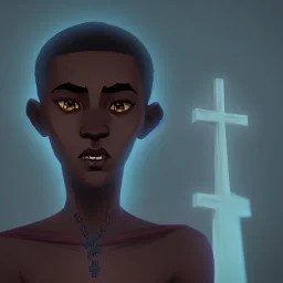 Young African deity at a cemetery near a cross and surrounded by almost unseen dead souls at an eerie night