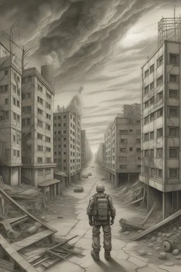 In a war-torn cityscape, captured in a time-lapse sequence, the ever-changing turmoil unfolds before our eyes. The scenes, rendered in high-definition photography or hyperrealistic graphite pencil drawings, evoke a sense of nostalgia with the use of Kodak Gold 200 film. Amidst the chaos, a lone figure stands as a symbol of resilience, portrayed in a retro vintage style reminiscent of artists Egon Schiele, Gustave Doré, and David Mann. The depth of field narrows, drawing our focus to the figure,
