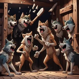 A group of anthropomorphic wolves react in surprise as one large hammer flies in the air against the wall of the wooden building. in the background other anthropomorphic wolves watch the scene unfold with expressions of shock and with surprise faces. one young anthropomorphic wolf in bodyhair stands in the foreground held up empty two paws, high realistic, detailed,dark fantasy mood, rain, cinematic