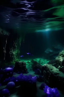 An under water crystal amethyst cave , with black sparkles , as a private place for a mermaid , purple and black are the main colors