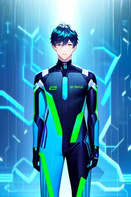 cyberpunk, neon blue, high technology, geometric figures, orbiting figures, cyberpunk suit, black and blue, epic, rain, neon blue suit, geometric figures orbiting around suit, exosuit, male