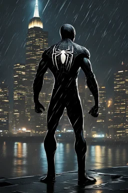 Spiderman in black suit in a rainy night looking at the city