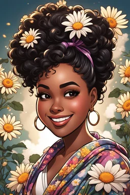 Create a comic book cartoon art style image of a curvy black female looking down with a smile on her face. Prominent makeup with hazel eyes. Highly detailed messy curly bun with a hair scarf tied on her head with large daisy flowers surrounding her. 2k