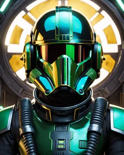 star wars bald male corellian pilot wearing black and bright gasoline green First Order special forces TIE pilot commando armored flightsuit and helmet with gold trim inside the jedi temple, centered head and shoulders portrait, hyperdetailed, dynamic lighting, hyperdetailed background, 8k resolution, volumetric lighting, light skin, fully symmetric details