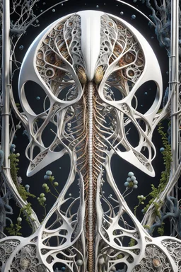 3D rendering of Expressively detailed and intricate of a hyperrealistic “alien anatomy”: rear view, scientific, single object, glossy white, shinning silver , a lot of vines, tribalism, laboratory background, shamanism, cosmic fractals, octane render, 8k post-production, detailled metalic bones, dendritic, artstation: award-winning: professional portrait: atmospheric: commanding: fantastical: clarity: 16k: ultra quality: striking: brilliance: stunning colors: amazing depth