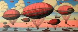 Airships in the pink sky painted by Utagawa Hiroshige