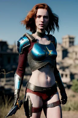 ultrarealistic, ruined city,__skimpy sci-fi armor__, __angles__, 18 year old woman, strikingly beautiful,ginger hair, _colour_, [__starlets__|__starlets__], (pale __skincolor__ skin:1.2), __camera__, _hair_, detailed face and eyes, medium breasts, leather choker, freckles, dynamic pose, resolved expression, __accessory__, strappy outfit, (straps:1.1), sword in scabard on left hip, (buckles, buttons, snaps, rings:1.0), haltertop style breastplate, detailed eyes, plump lips, sci-fi theme