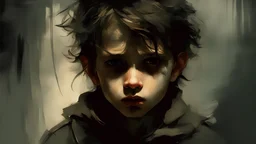 A boy with disgust on his face sits in the semi-darkness, post-apocalypse, dark colors, Luis Royo & Raymond Swanland & Alyssa Monks & Anna Razumovskaya