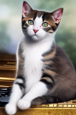 A young beautiful cat, portrait, is sitting on a piano, window behind with sight of Vienna