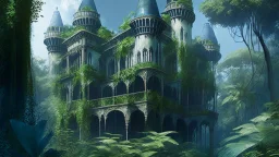 gothic house with balconies and turrets and towers, in a jungle clearing, with dense foliage, pathway and river, Spanish moss, blue sky photorealistic