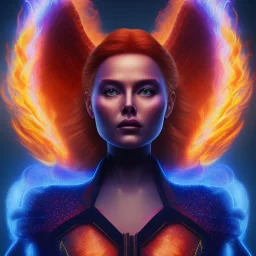 Dark Phoenix, X-Men , Jean Gray. hyperfantastic,hyperscifi,unreal engine.best colours,deep purple . fire theme .blue neon smoke.cinamatic,full cinematic lights.beautiful body details,beautiful face details,8k,