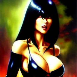 fullbody portrait 'beautiful sexy busty mature Vampirella',wearing black skintight latex suit,hyperrealistic skin,Hyperrealistic Big eyes,painting by gaston bussiere, greg rutkowski, yoji shinkawa, yoshitaka amano, tsutomu nihei, donato giancola, tim hildebrandt, oil on canvas, cinematic composition,sharp image, extreme detail,((fit full head inside picture)),32k