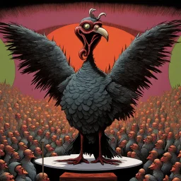 Surreal sinister evil turkey with its wings splayed wide looms above a stage where anthropomorphic zombie turkey puppets connected to visible puppet strings crazily dance, surreal, minimalist, sharp colors, dramatic, modern horror comic book art, matte oil painting, backlighting, eerie, by George Herriman, by Yves Tanguy, dystopian.