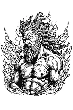 Zeus with Lightning Bolt - A powerful of Zeus wielding his thunderbolt, symbolizing strength and leadership. line art tatto design white and black, white background,