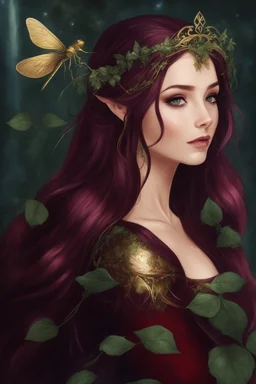 Burgundy hair, dark hair,dark red , rapunzel hair,very long hair,dark fairy princess,elven crown,night,dragonflies,beautiful,ong ashes,golden armor ,sparkle,night blooming,ivy,dark green,lilly of valley,golden elven crown