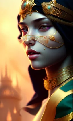 Arab princess , cute, beautiful, black eyes,Veiled, cinematic, 8k, resolution concept art portrait by Greg Rutkowski, Artgerm, WLOP, Alphonse Mucha dynamic lighting hyperdetailed intricately detailed