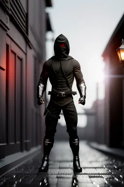 muscular ninja assassin, athletic build, wearing black and gray baggy pants with pockets, black hood and black balaclava mask, big boots, buckles, straps, daggers, dark hazel eyes, eyes are both in proportion and green, 3/4 look, standing, dark cobblestone alley, candle light behind head, intense, lifelike, unreal engine, photorealistic rendering in the art style of j.scott campbell