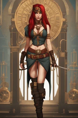 full body and headshot of a skinny Cleopatra, with long straight red hair, dressed as an assassin standing in a steampunk setting.