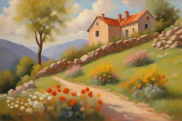 sunny day, clouds, epic mountains, stone wall, flowers, spring trees, spring influence, rocks, distant house, very epic, wilfrid de glehn, jenny montigny, and rodolphe wytsman impressionism paintings