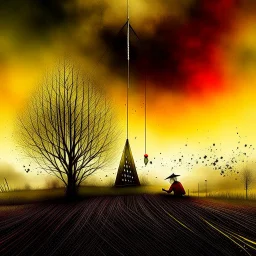 surreal color ink illustration, Style by Gabriel Pacheco and VS Gaitonde and Alexander Jansson and Vladimir Kush, abstract art, a metaphorical representation of the ephemeral triangular relationship of love rivalries, gestalt lunatic grass shine, warm colors, sinister, surreal masterpiece, dynamic diagonal layout composition, juxtaposition of the uncanny and the banal, sharp focus, weirdcore, never-before-seen