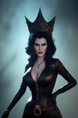 Amy Dumas as evil queen in black leather, leather, busty, cleavage, angry, rage, stern look. character design by cory loftis, fenghua zhong, ryohei hase, ismail inceoglu and ruan jia. unreal engine 5, artistic lighting, highly detailed, photorealistic, fantasy