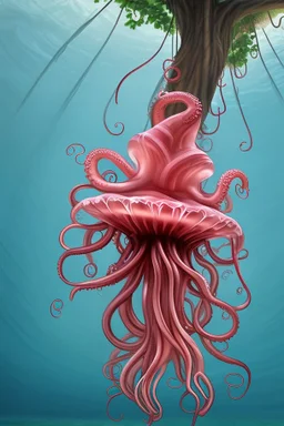 large jellyfish with tentacles climbing up a large tree, not underwater