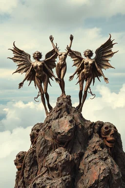 sculpture of goddesses above the clouds on a top of a mountain open arms . decayed and rotting with grotesque proportions and imagery. abstract grotesqueries, detailed texture, surreal horror, biomechanical design, by hr giger and beksinski