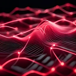 Musical Wave , Red LED network lines , Realistic 3D Render, Macro, mesh, wave network, geometric, Nikon Macro Shot, Kinetic, Fractal, Light Led Points, Generative, Neural, Computer Network, Conections,