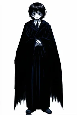 7 year old boy, necromancer, friendly, looks dead,wearing black robes, with the lower body of a ghost in the style of Harry Clarke