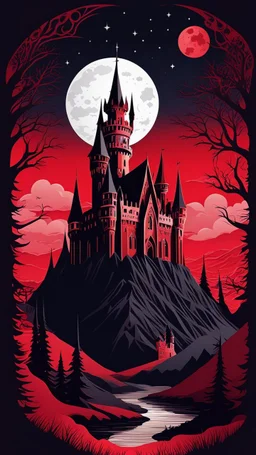 The Midnight Keep, Gothic Castle on the Red Bluffs, a crimson nightfall, stars, Red Full-Moon, red mountains and landscape,, gothic, haunting made with layered paper cut outs vector
