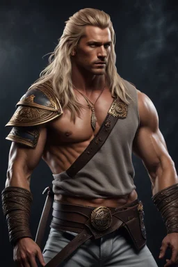 handsome warrior king, muscular, long blonde hair, male age 30, wearing jeans and a white shirt, tan skin, tattoos,photorealistic 4k modern fantasy