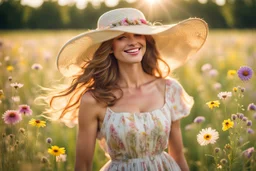 canon photo from a young woman, elegantly adorned in a summer hat and a summer dress stands in the center of a vast field. Her perfect face happy, a gentle smile playing on her lips as she feels the warm embrace of the sunshine and the tender kiss of a soft summer breeze. The meadow is a canvas of harmony with a dazzling array of wildflowers that dance and sway in the little wind. The blue sky and sunshine, high reality, detalied, photoreal, stunning