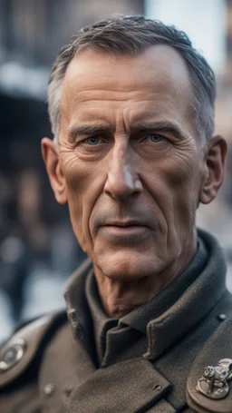 Jens Stoltenberg wearing monocles and armor in Stalingrad, bokeh like f/0.8, tilt-shift lens 8k, high detail, smooth render, down-light, unreal engine, prize winning