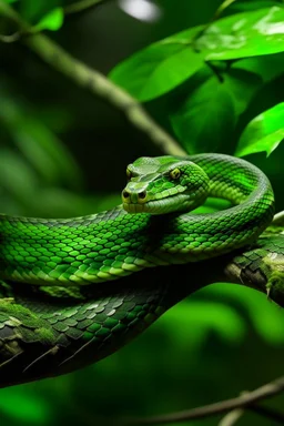 A green snake on a tree branch colour with slimy, scaly skin. It will have large, bulging eyes that glow long, tentacle-like appendages that it .sturdy, yet flexible body,sharp claws on its wings and feet,long, slender tail