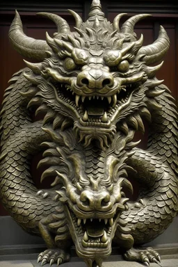 A three-headed dragon. The head on the left is the head of a lion, the head in the middle is the head of a man, and the head on the right is the head of a bull