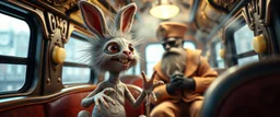 close up portrait of hairy fluffy polymer clay cute happy excited gesticulating alien monster bunny with realistic human colored and textured skin, and long sleek limbs and with studio lights, on a luxury ornate neon buss with strange graphitti and tatooes, talking to a wise man, buss is full of smoke, and bright beams from the sky