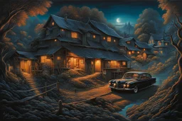 deep colors village dark surreal mood, mystic, nightly lights, shadows, by Bosch,Sorayama Hajime and Kandinsky, intricate details, dark fantasy, sinister, surreal cinematic