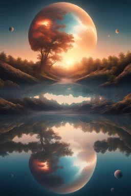 Living in a world of mirrored looking at landscapes mirrored as if you're looking into water everything is reversed exactly the same in the sky as in the ground down,,. surreal landscaping 4K, hyper realistic, out of the box, double sunset, multiple moons and planets