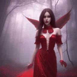 Girl with angelical face, black hair wearing long red dress in a magic forest, fantasy style, surrealism, 8k